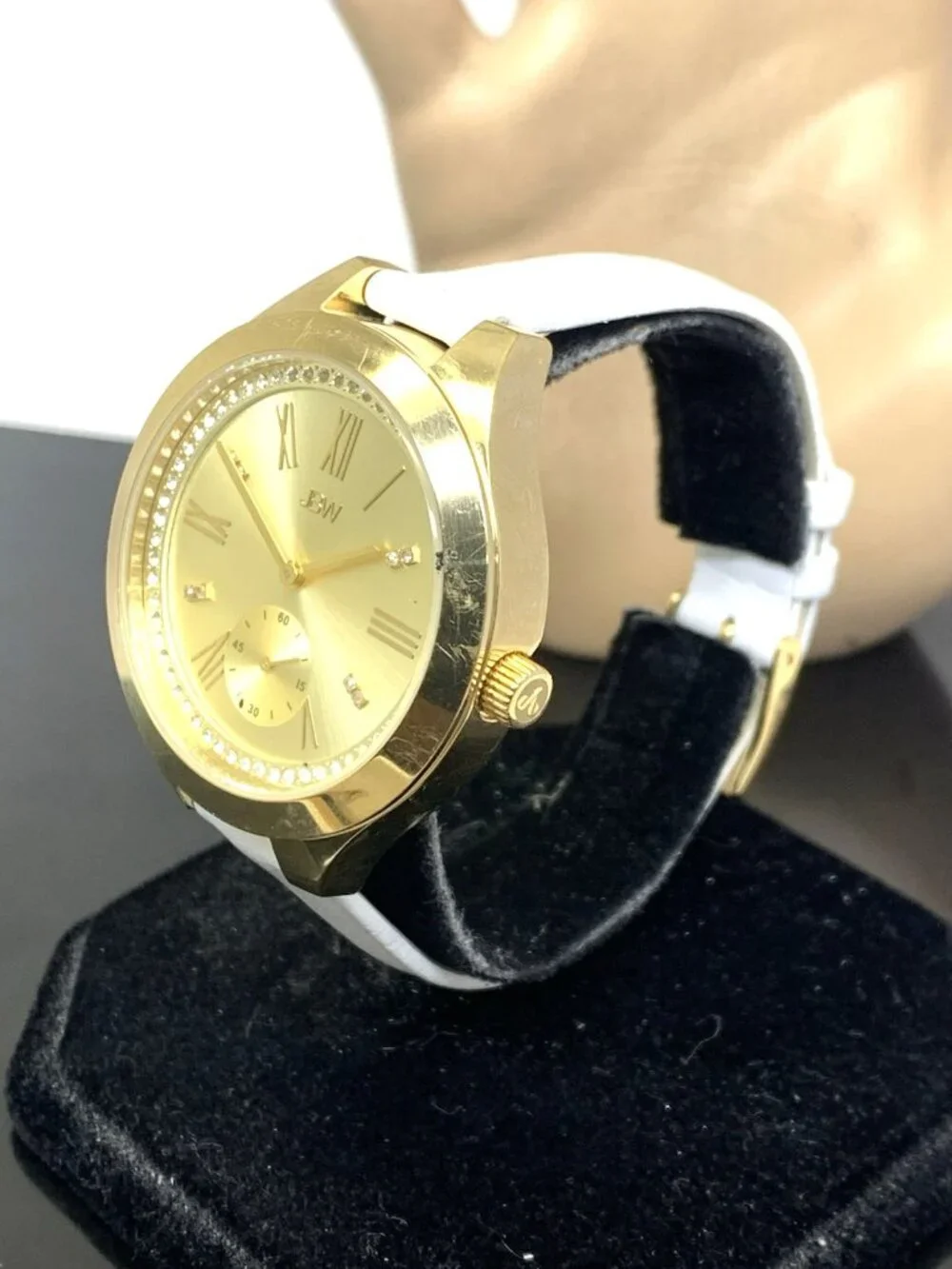 JBW Women's Watch J6309 Aria Quartz Gold Dial White Leather Strap 40mm